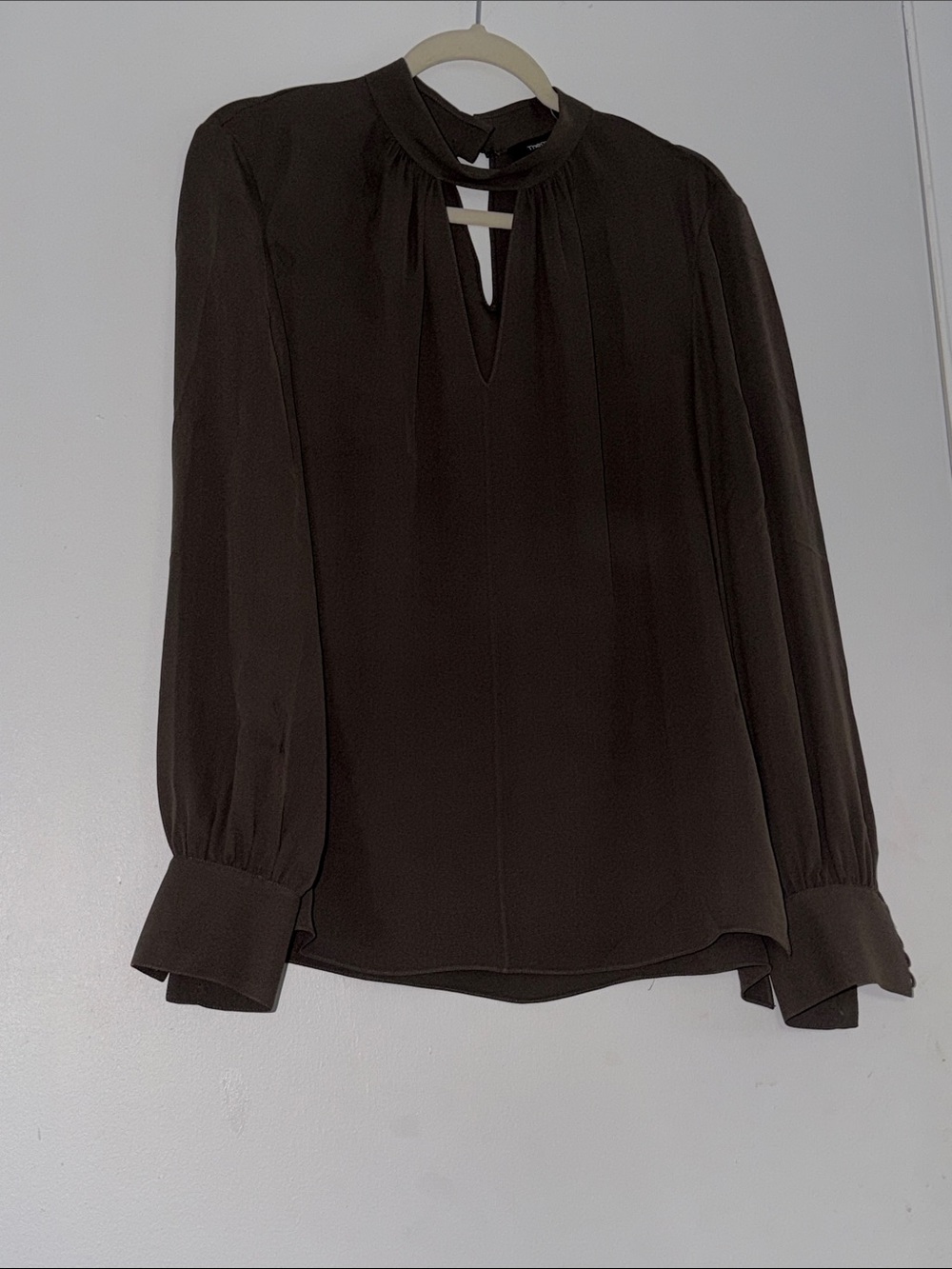 Theory Army Green Long-Sleeve Keyhole Neck Blouse